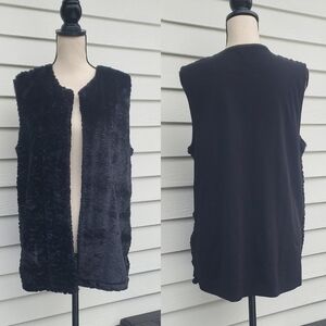 Rafaella Black Faux Fur Open Front Vest with Ribbed Back